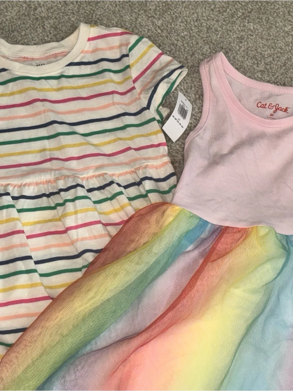Cat & Jack Pink Bodice Rainbow Tulle Dress and Old Navy Striped Tee Dress
